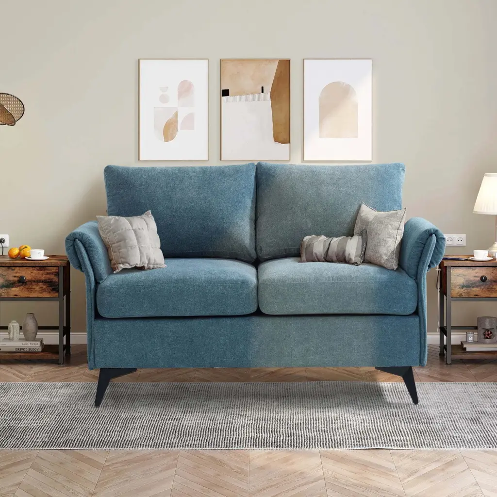50 Small Loveseat Sofa Small Spaces Modern 2-Seater Couch Solid Wood Frame Blue MAEVIS