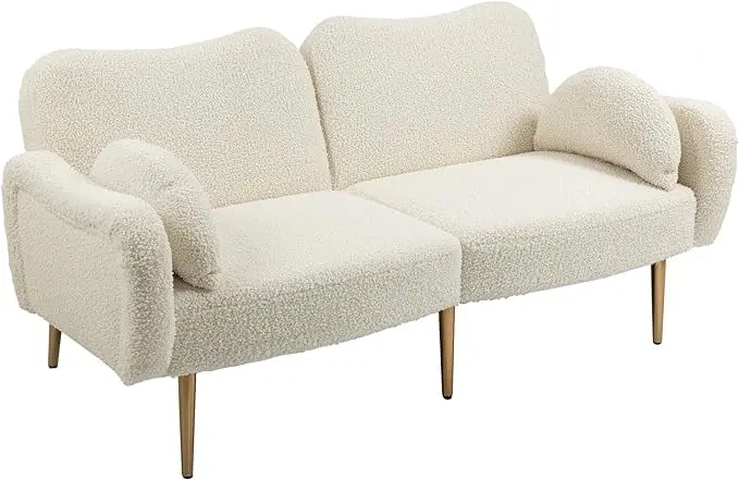 MAICOSY Mid Century Modern Velvet Love Seats Sofa 2 Bolster Pillows - White Teddy