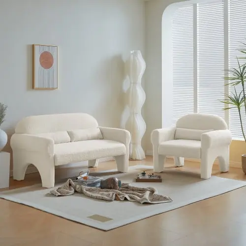 MAICOSY 2 Piece Modern Teddy Fabric Loveseat and Accent Chair Antique White