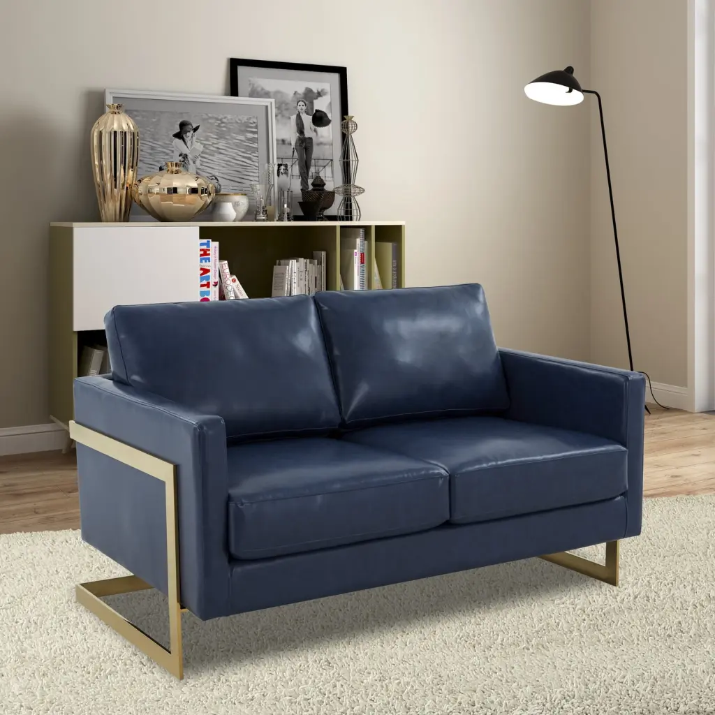 Maykoosh Southwestern Sanctuary Modern Mid-Century Upholstered Leather Loveseat Gold Frame - Stylish Two-Seater