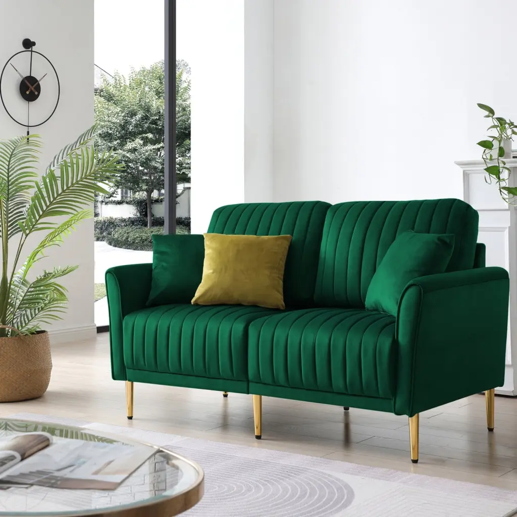 2-Seater Sofa Couch Channel Tufted Back and Seat Cushions Velvet Green Miekor