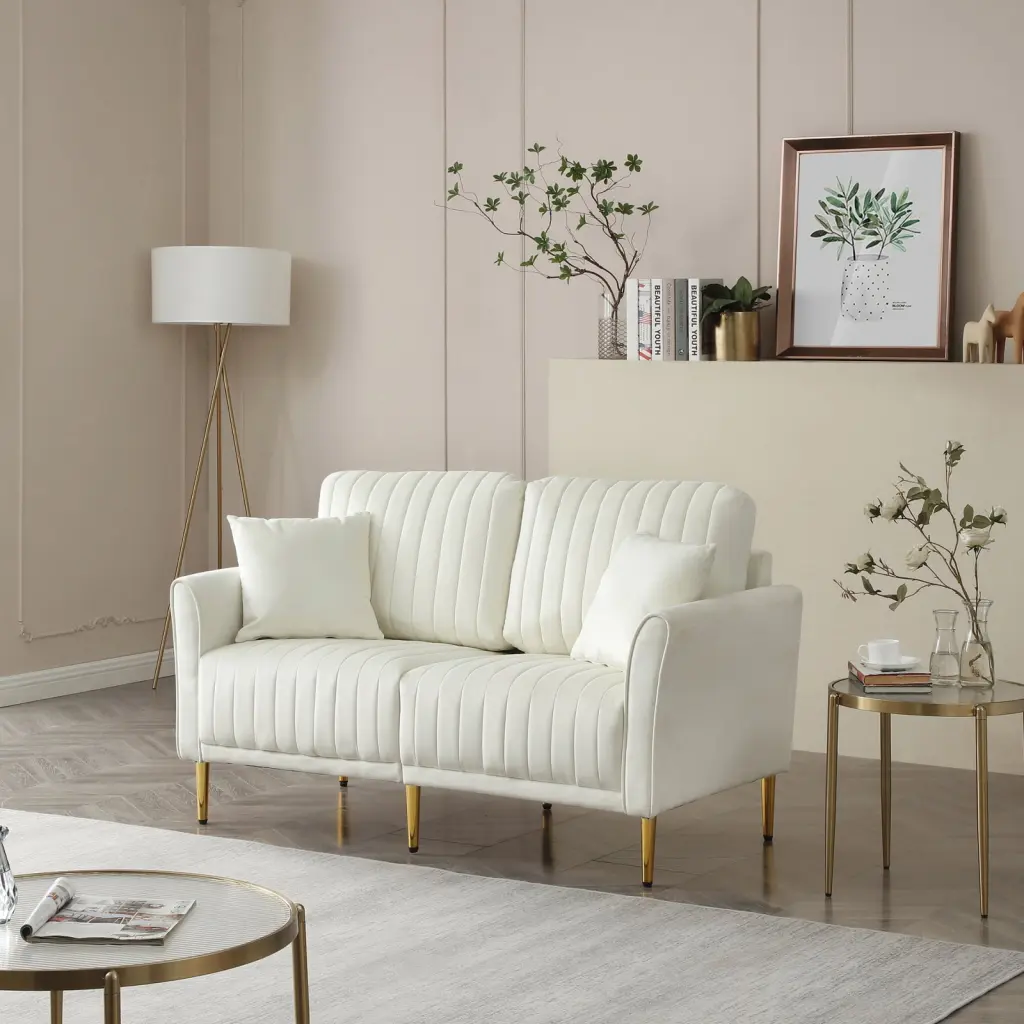 Cream White 2 Seater Loveseat Sofa Pillows and Metal Legs - Modern Love Seat Small Spaces Miekor