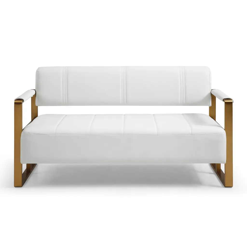 Miekor 57.9 Width Modern Upholstery Faux Bonded Leather Loveseat Sofa Golden Metal Arms White
