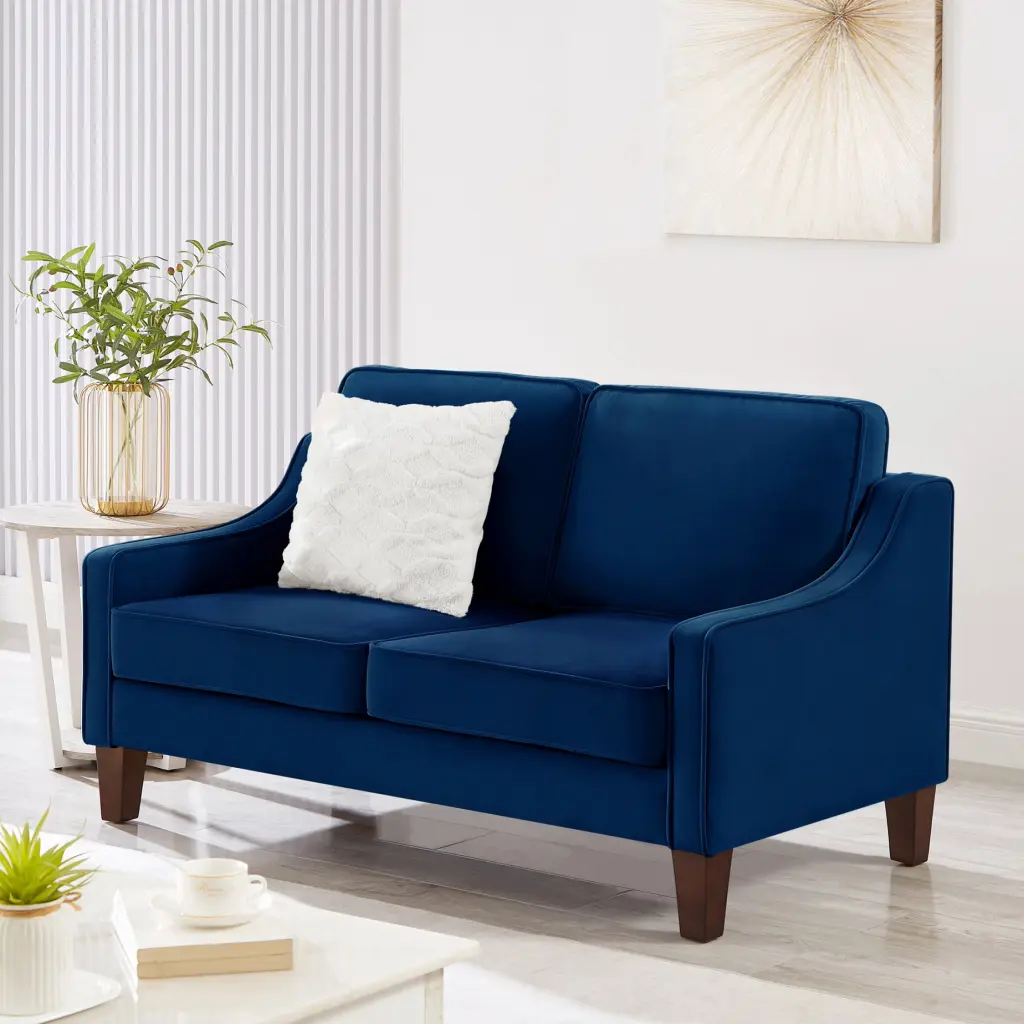 Miekor Furniture Modern Loveseat Navy - Upholstered Velvet Small Couch Wooden Legs