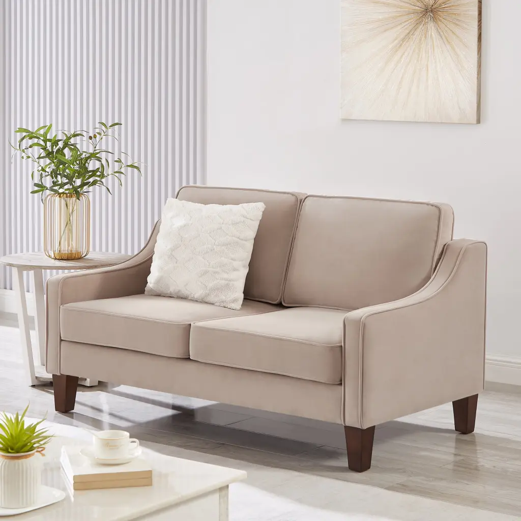 Miekor Furniture Modern Loveseat Taupe - Upholstered Velvet Small Couch Wooden Legs
