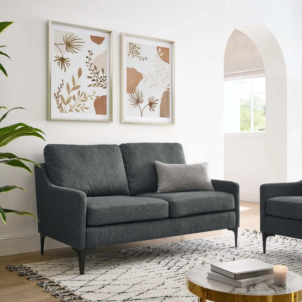 Modway Corland Upholstered Fabric Loveseat Charcoal - Modern Living Room or Office Sofa