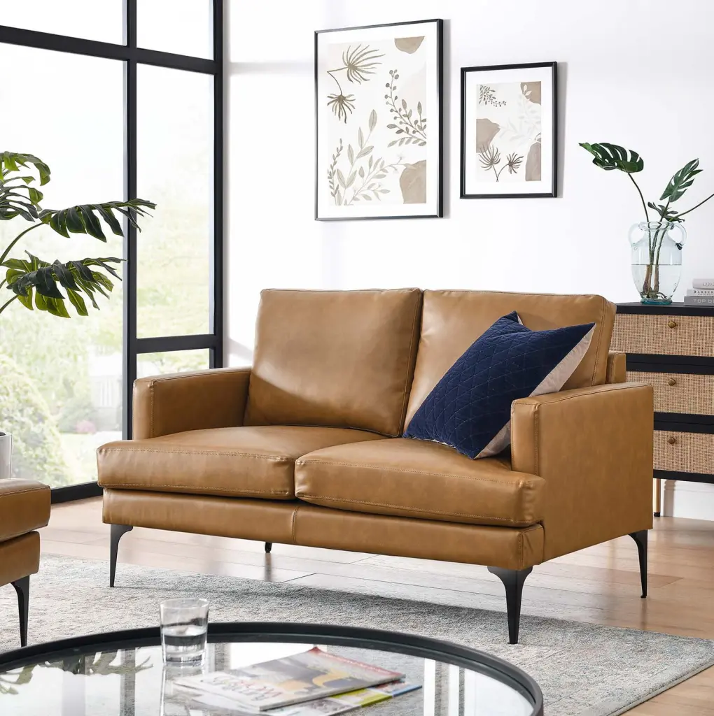 Modway Evermore Vegan Leather Loveseat Tan - Modern Two-Seater Sofa Living Room