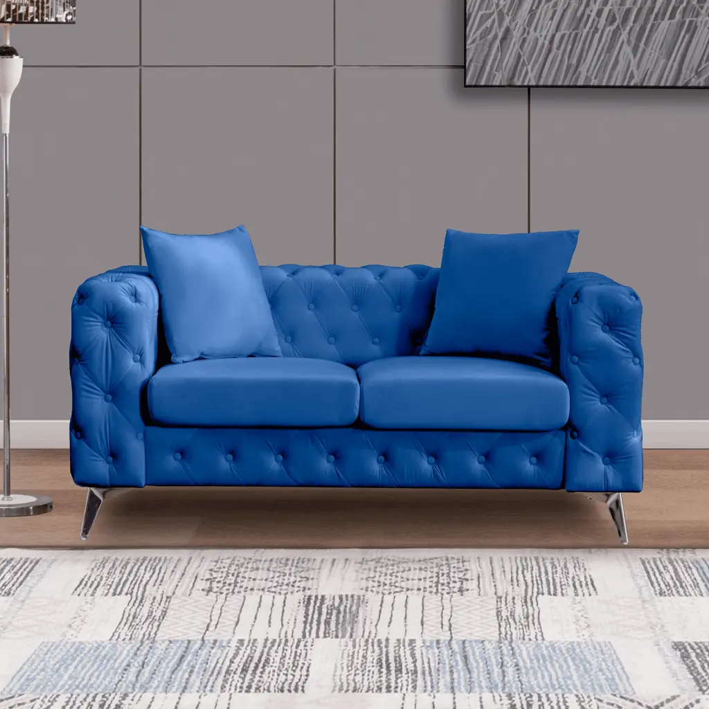 MUZZ Contemporary Love Seat Deep Button Tufting Dutch Velvet Solid Wood Frame and Iron Legs Navy Blue