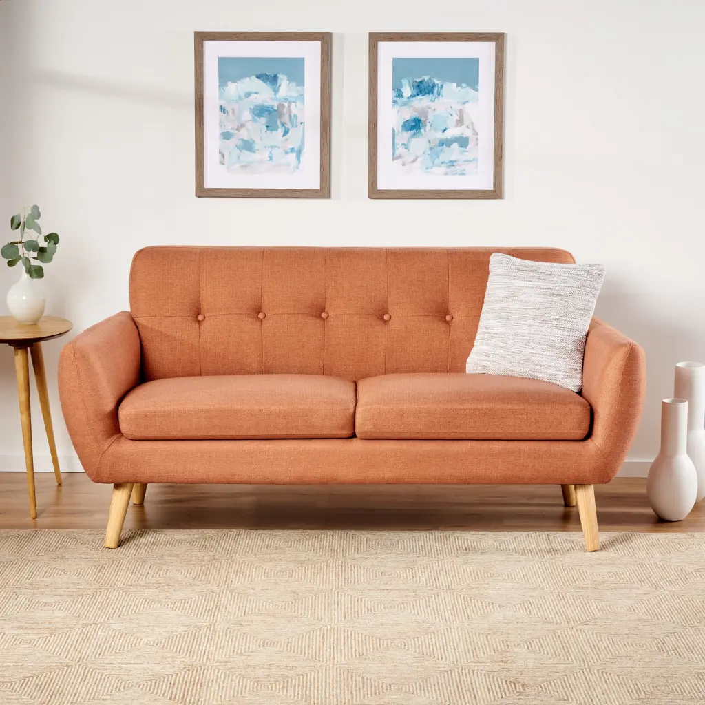 Noble House Abitha Fabric Tufted Sofa Burnt Orange Natural Oak Legs
