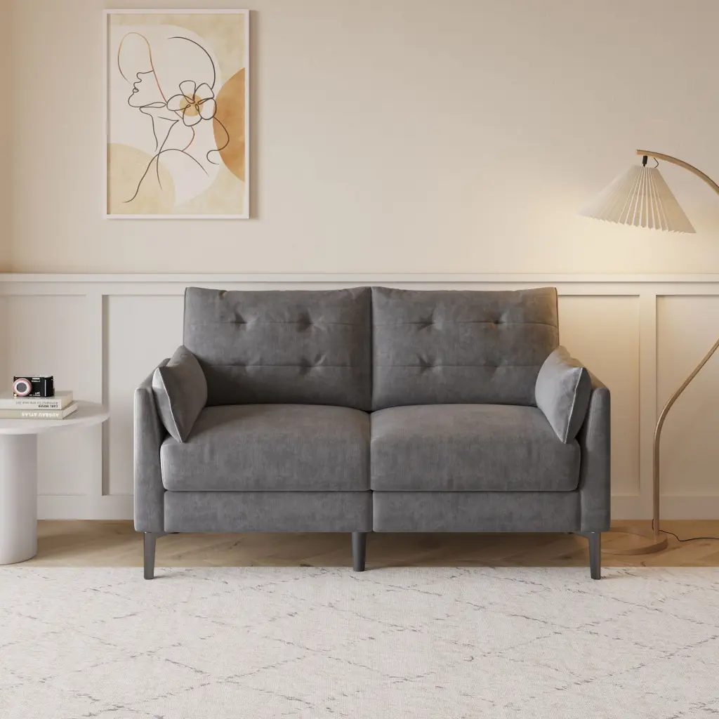 57.5-Inch Cotton Linen Dark Gray Love Seat Sofa Metal Feet and Thick Cushion OMCCHK