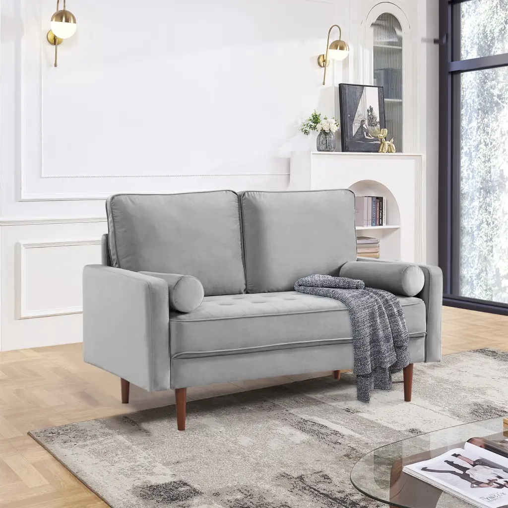 57 Inch Upholstered Loveseat Grey Velvet - Two Cushion Sofa Bolster Pillows OS Home & Office Furniture
