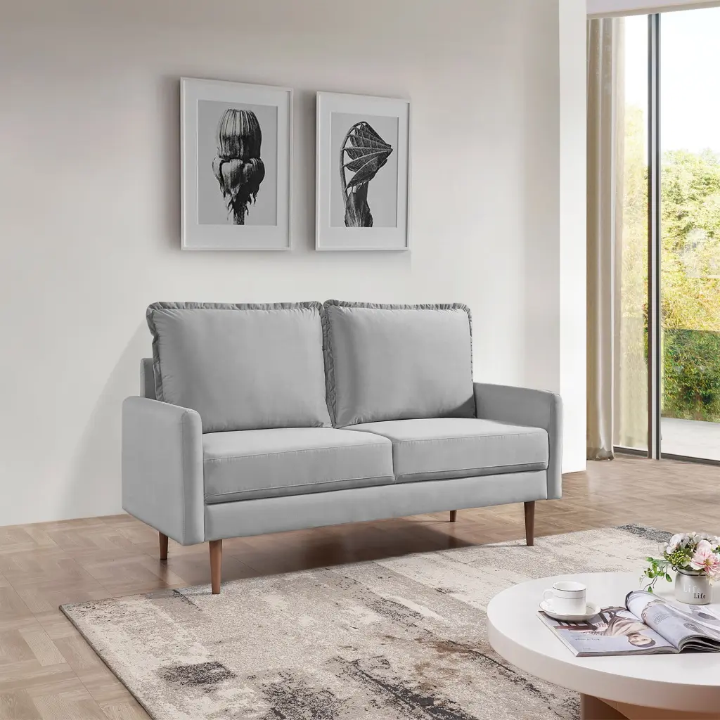 57 Inch Wide Upholstered Loveseat Cambered Arms Grey Velvet OS Home & Office Furniture