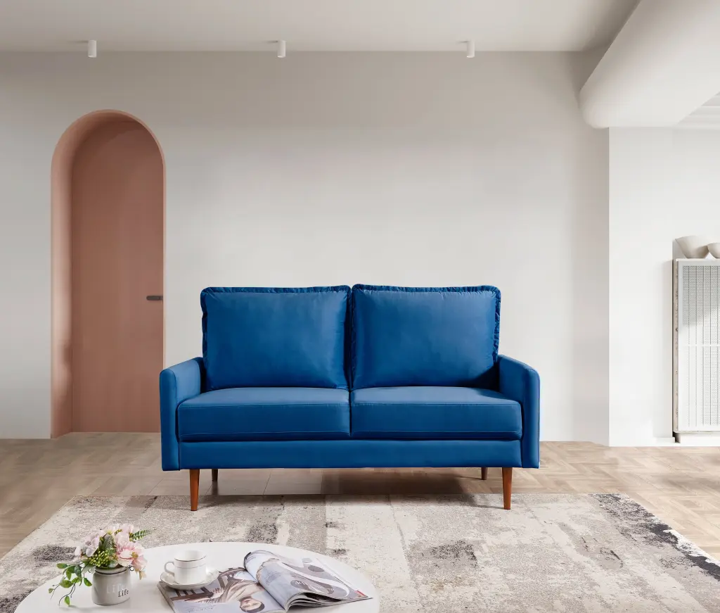57 Inch Wide Upholstered Loveseat Cambered Arms Blue Velvet OS Home & Office Furniture