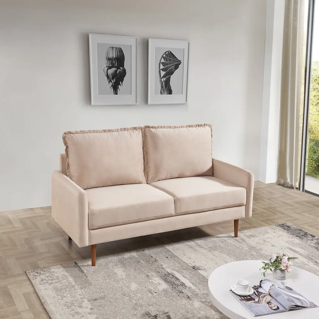 57 Inch Wide Upholstered Loveseat Cambered Arms Beige Velvet OS Home & Office Furniture