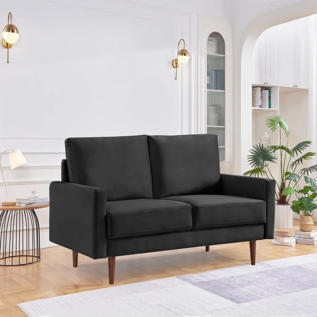 57 Inch Wide Upholstered Loveseat Square Arms Black Velvet OS Home & Office Furniture