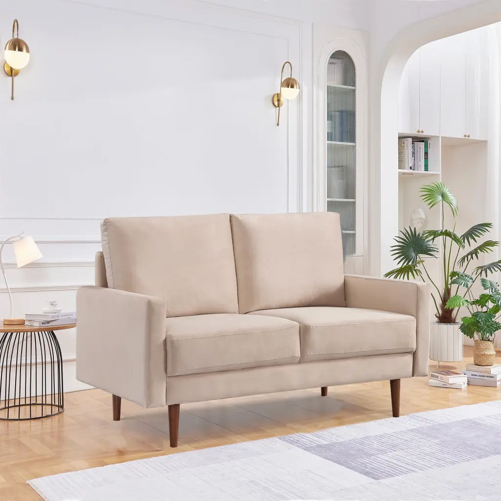 57 Inch Wide Upholstered Loveseat Square Arms Beige Velvet OS Home & Office Furniture
