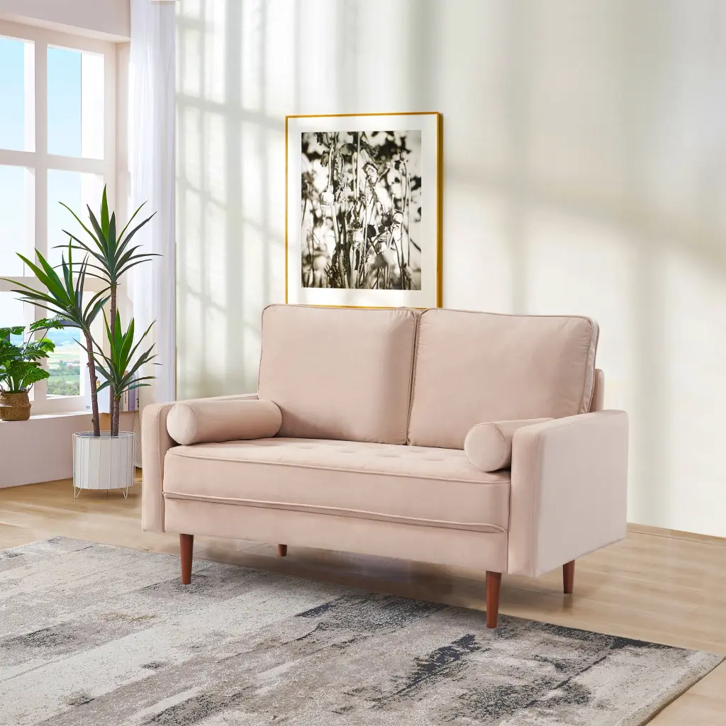 57 Inch Wide Upholstered Two Cushion Loveseat Bolster Pillows Beige Velvet OS Home & Office Furniture