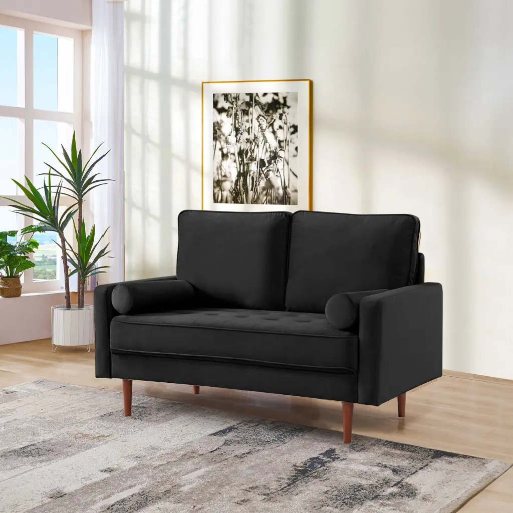 57 Inch Wide Upholstered Two Cushion Loveseat Bolster Pillows Black Velvet Living Room OS Home & Office Furniture