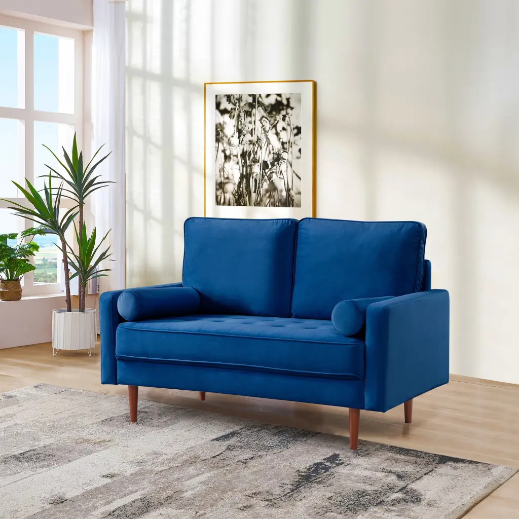 57 Inch Wide Upholstered Two Cushion Loveseat Bolster Pillows Blue Velvet Small Spaces OS Home & Office Furniture