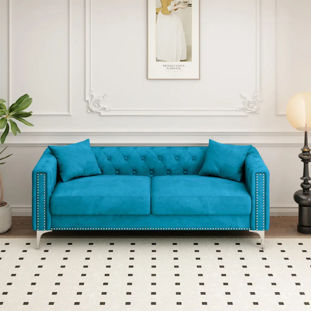 Oyang Modern Velvet Sofa 2 Pillows Mid-Century Upholstered Tufted Backrest Loveseat Chaise Couch Living Room Bedroom Space...