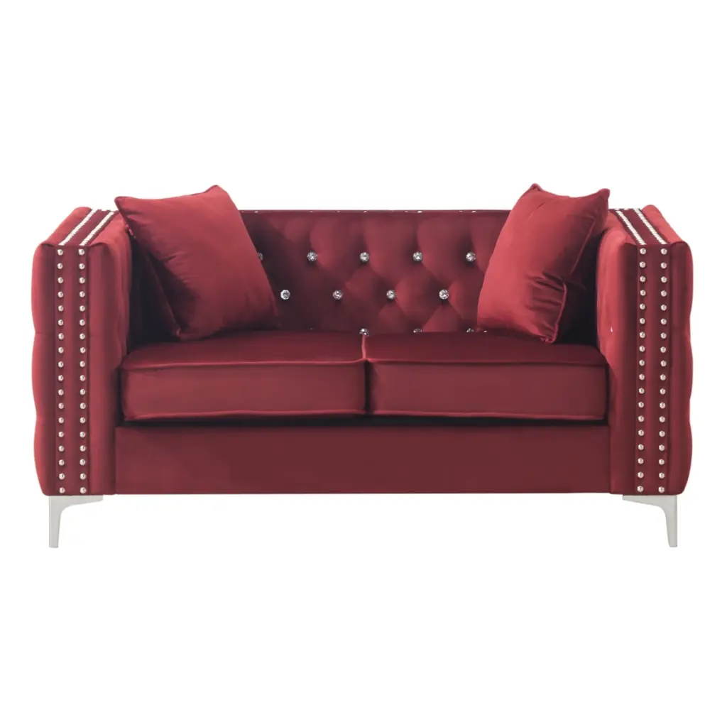 Passion Furniture Paige 63 Inch Burgundy Velvet 2-Seater Sofa Throw Pillows