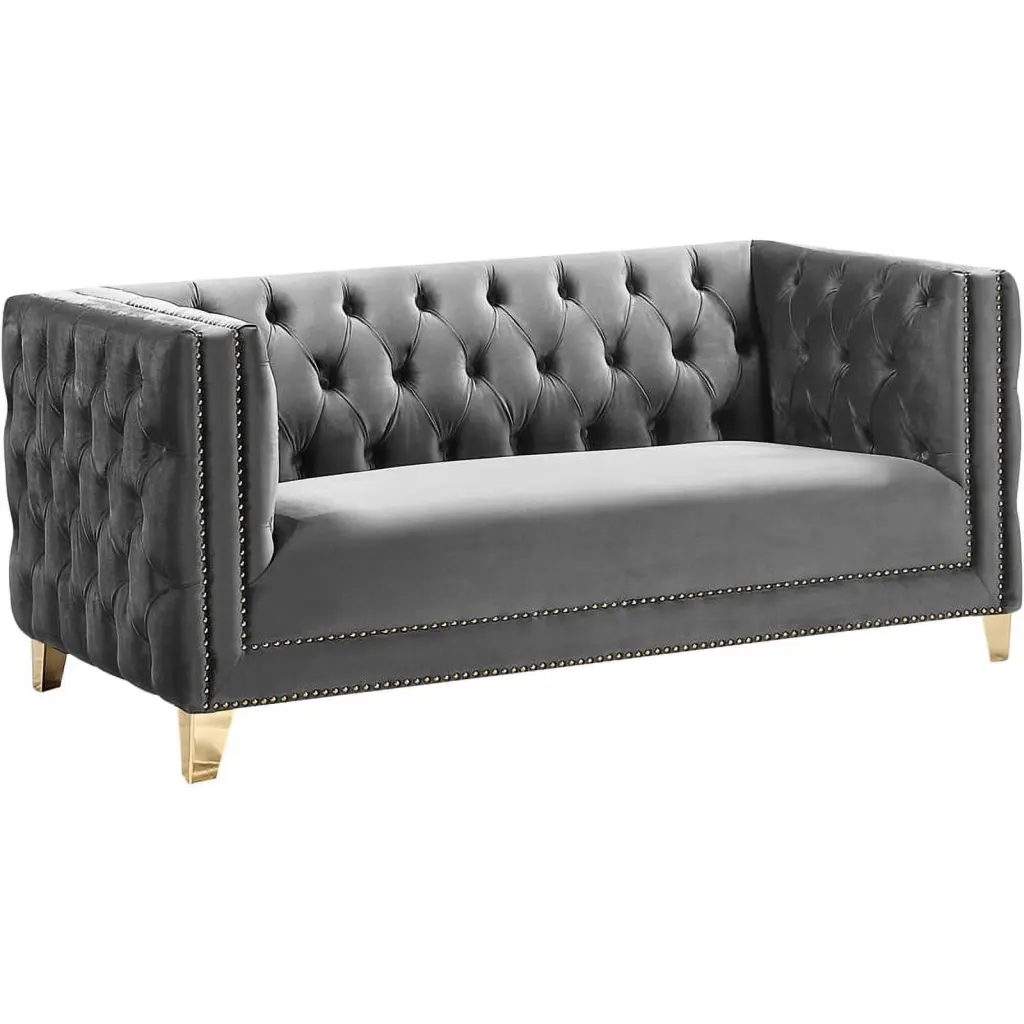 Pemberly Row Contemporary Velvet and Iron Loveseat Soft Gray and Gold