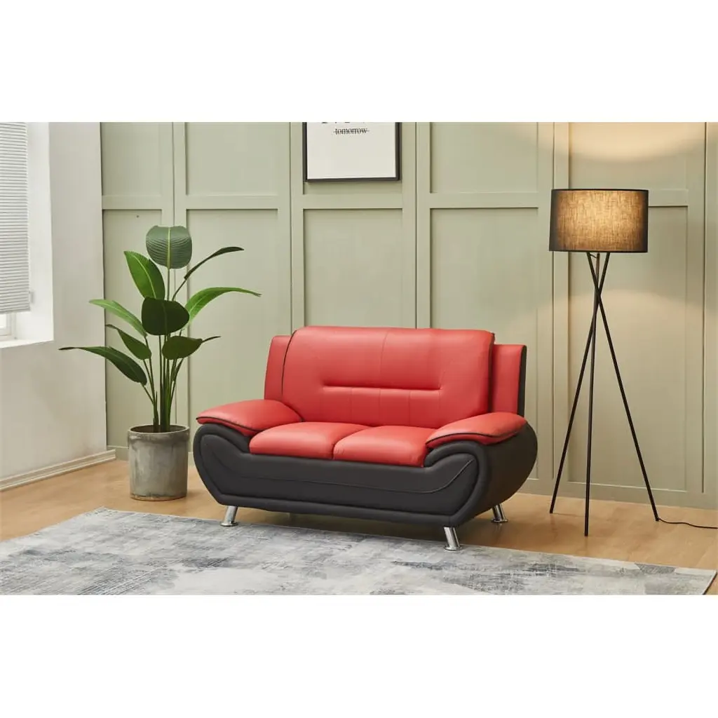 Pemberly Row Faux Leather Loveseat Pillow Armrests Black Red Stylish Home