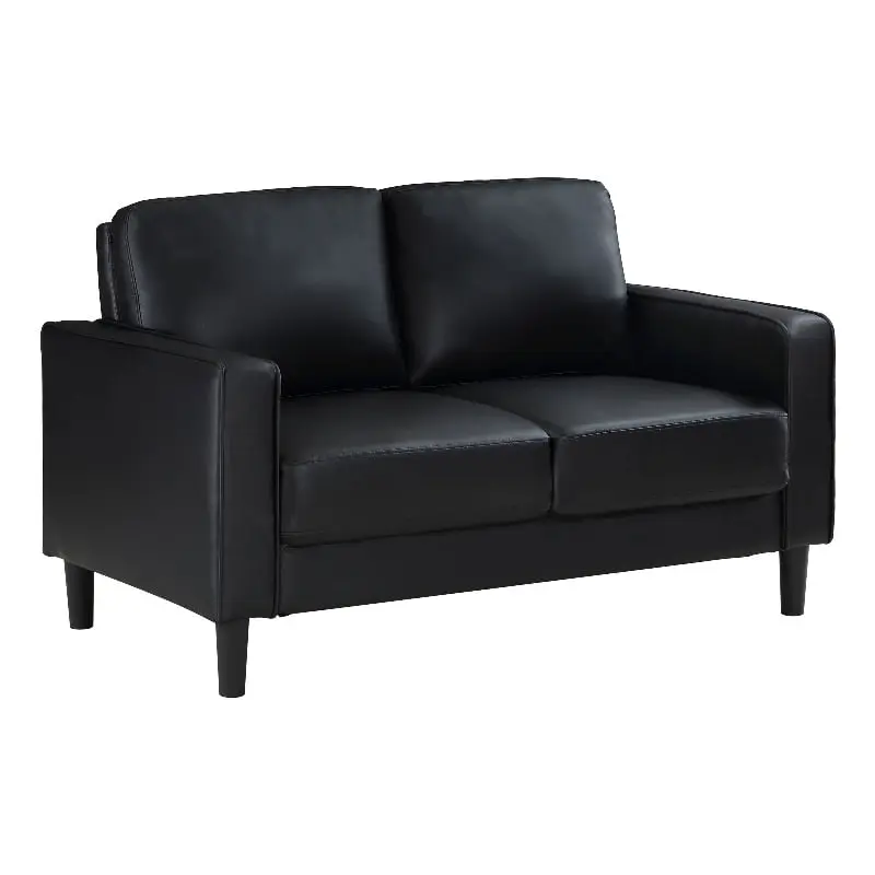 Pemberly Row Faux Leather Upholstered Track Arm Faux Leather Loveseat Black Modern Living Room Couch