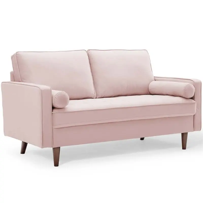 Pemberly Row Modern Performance Velvet Loveseat Pink Walnut Legs