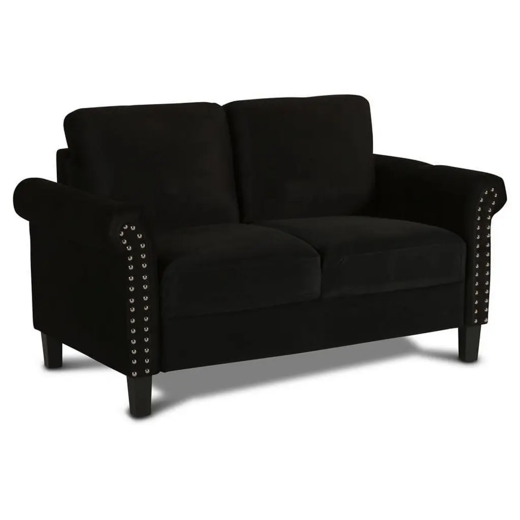 Pemberly Row Modern Polyester Fabric Loveseat Black Finish Contemporary Living Room