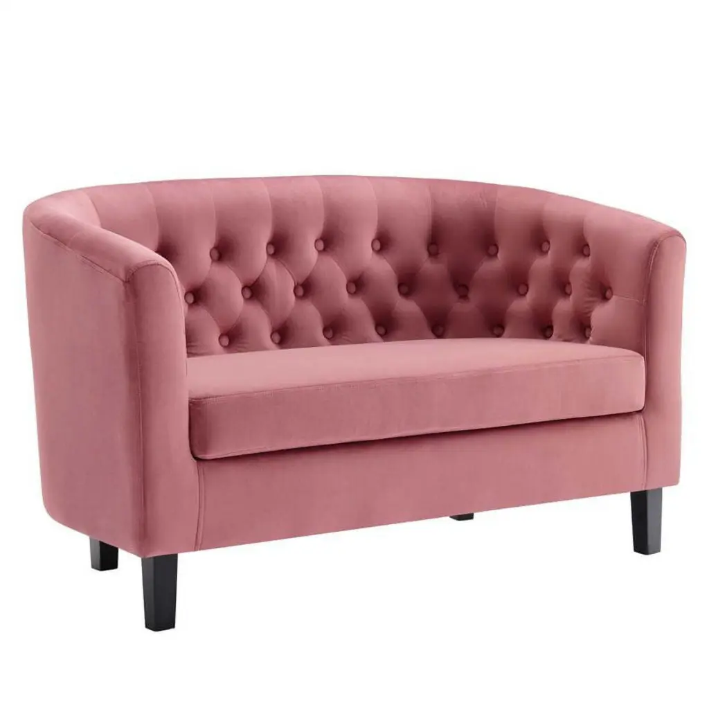 Pemberly Row Modern Velvet Button Tufted Loveseat Dusty Rose Pink and Espresso