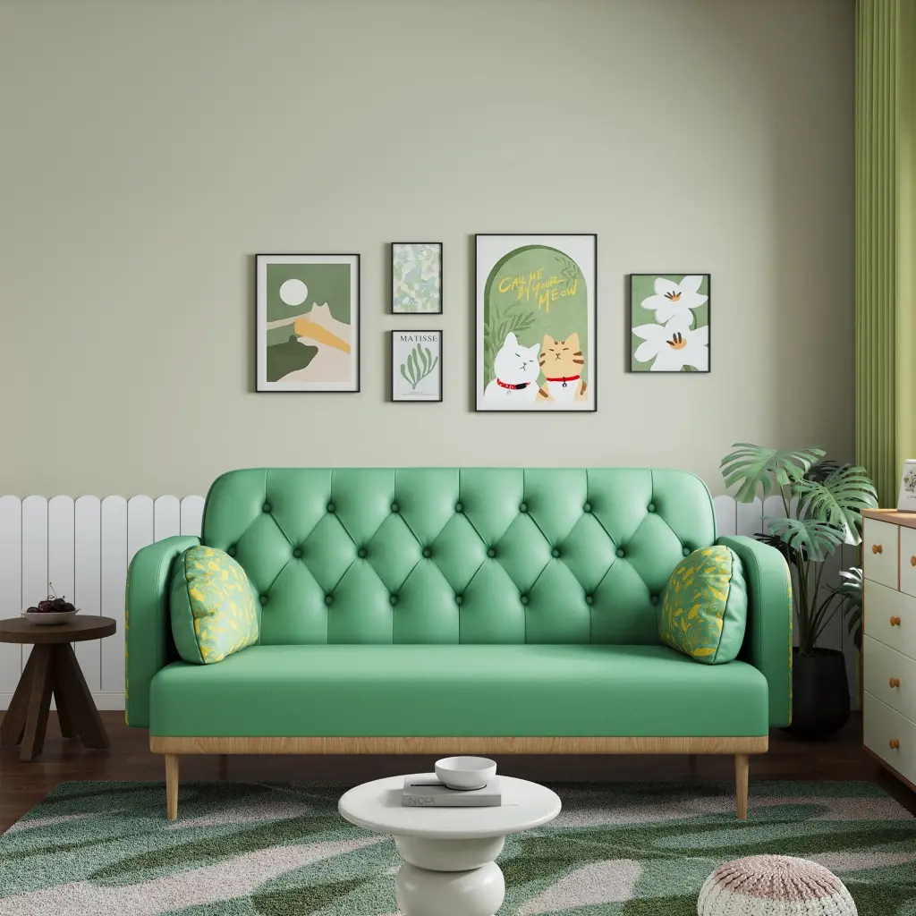 Green Loveseat Sofa Tulip Patterns - Modern Two-Seater PU Upholstery and Solid Wood Frame PMIXO