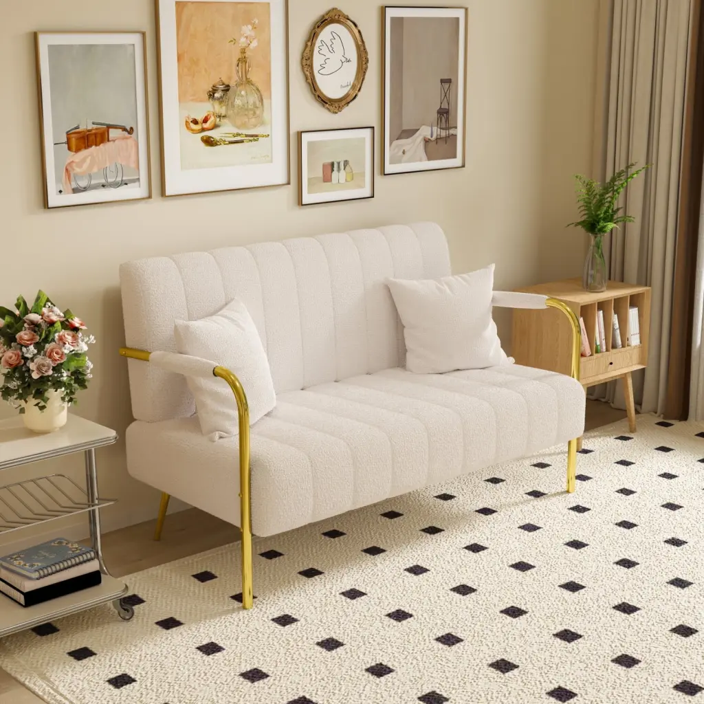 Cozy Beige Sofa Teddy Fleece Fabric Durable Stylish Living Room Apartment Furniture Ponnky