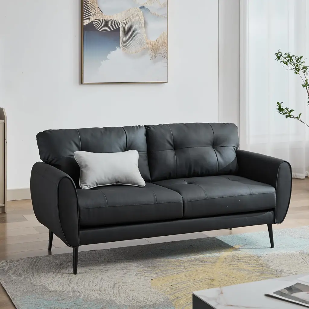 61 Inch Black Leather Loveseat Mid Century Modern Tufted Mini Sofa Small Spaces Puapli