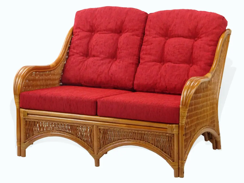 Jam Lounge Loveseat Sofa, ECO Natural Rattan Wicker, Burgundy Cushions SK New Interiors