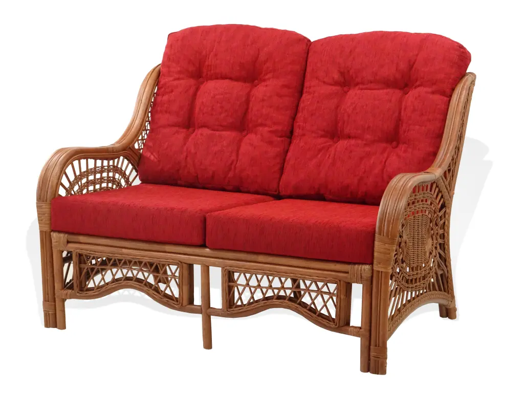 Malibu Lounge Loveseat Sofa, ECO Natural Rattan Wicker, Burgundy Cushions SK New Interiors