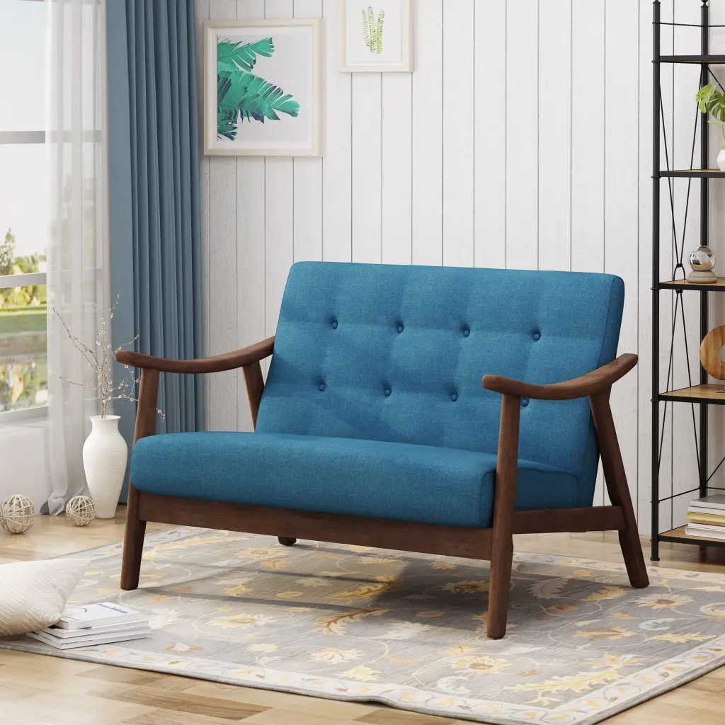 Modern Loveseat Sofa Living Room Blue Fabric Garden Style Thezne