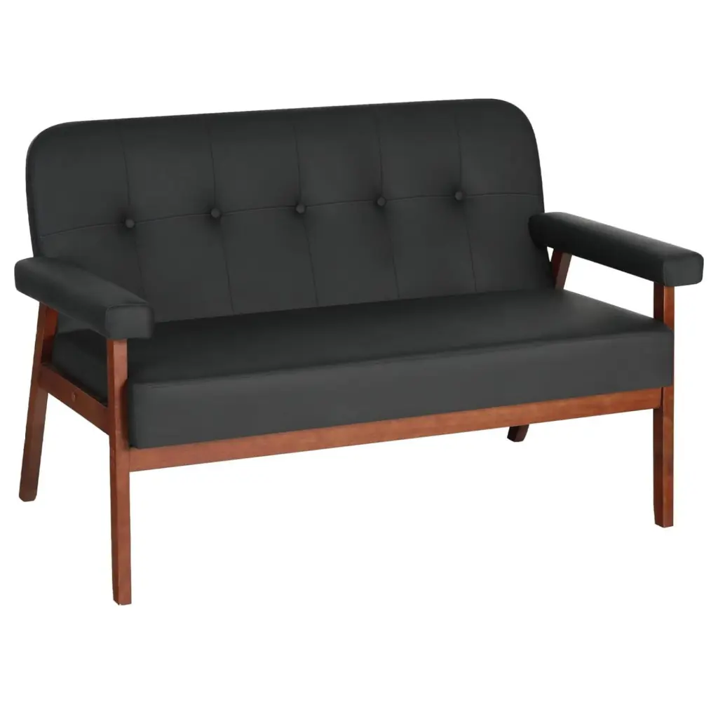 TiaGOC 50W Black Faux Leather Small Office Couch Loveseat Sofa Wood Arms