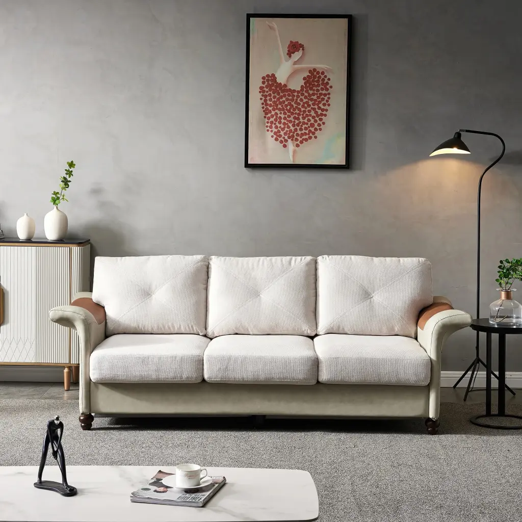 Living Room Furniture Linen Fabric Faux Leather Wood Leg Sofa Beige unknown