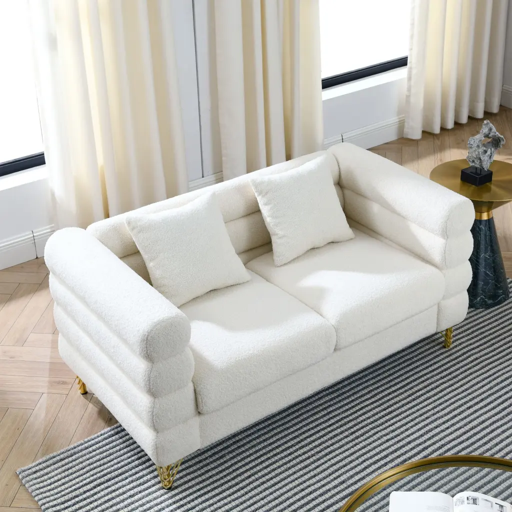 Comfy Fabric Fur Loveseat Sofa Cushions and Throw Pillows 60 inch White Waytrim