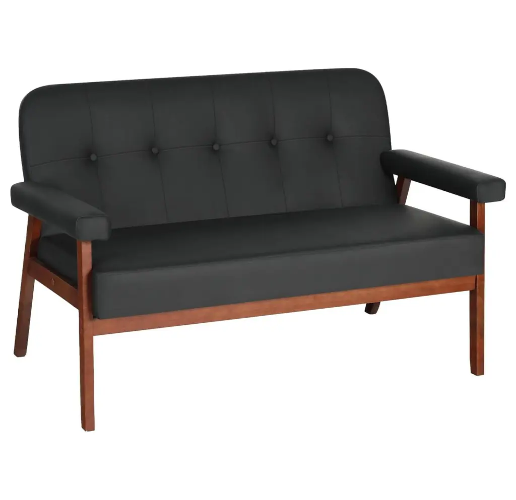 Wension 50W Black Faux Leather Loveseat Sofa Wood Arms Bedroom Office