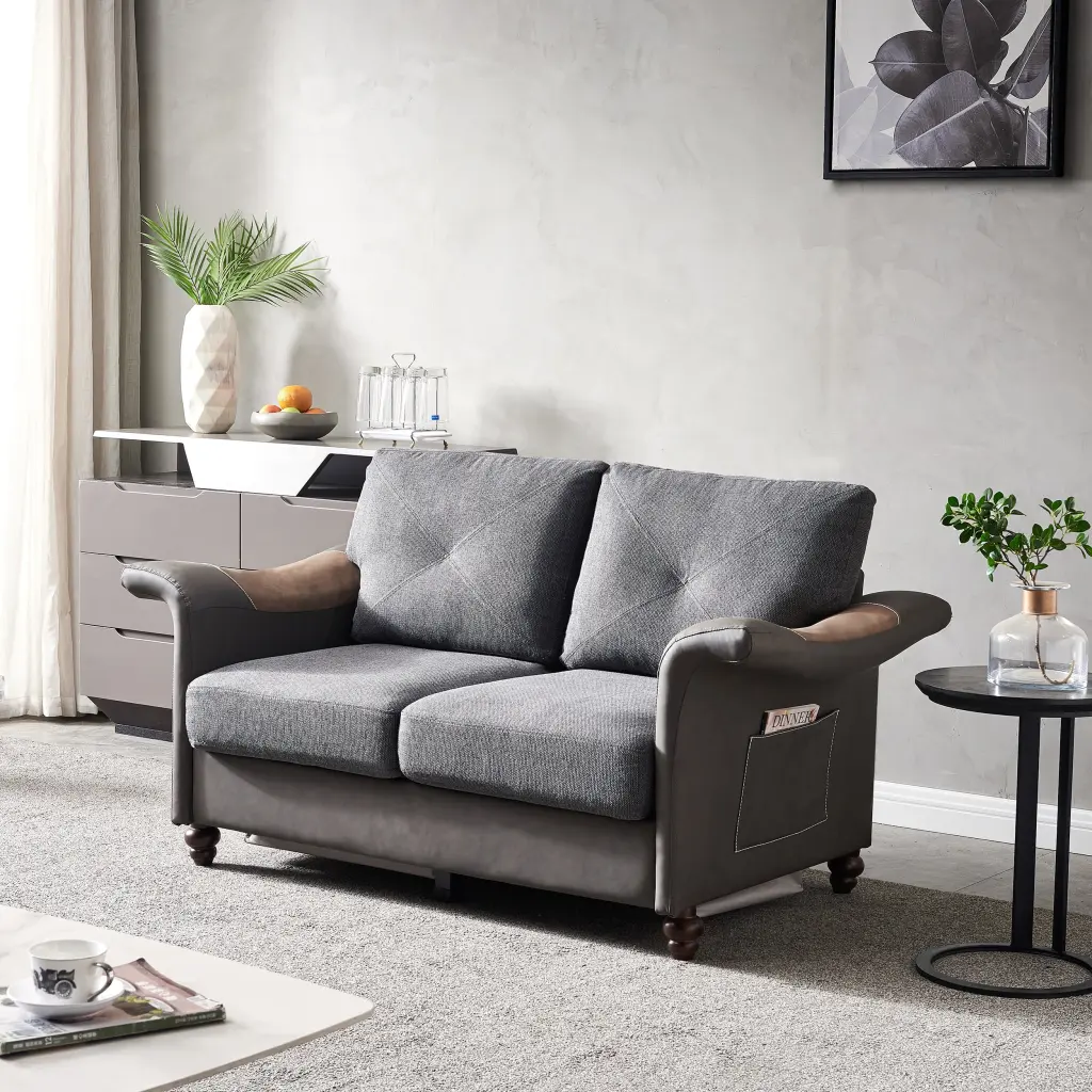 Living Room Linen Fabric Faux Leather Wood Leg Love Seat Dark Grey Modern Sofa Wobythan