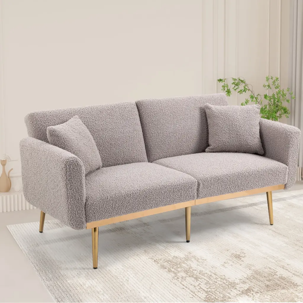 Chic Grey Teddy Velvet Loveseat Rose Golden Metal Feet - Robust Plywood Structure Sofa Wodine