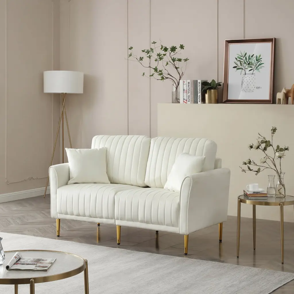 Cream White Loveseat Sofa Metal Legs, 2 Seater Modern Couch Pillows Wodine