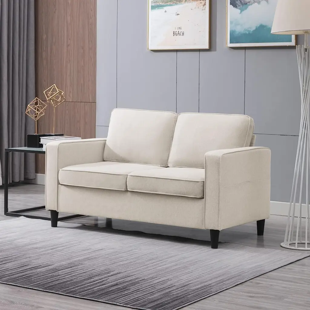 54.7 2 Seat Modern Fabric Loveseat Mini Couch Armrest Pockets Small Spaces Beige WW