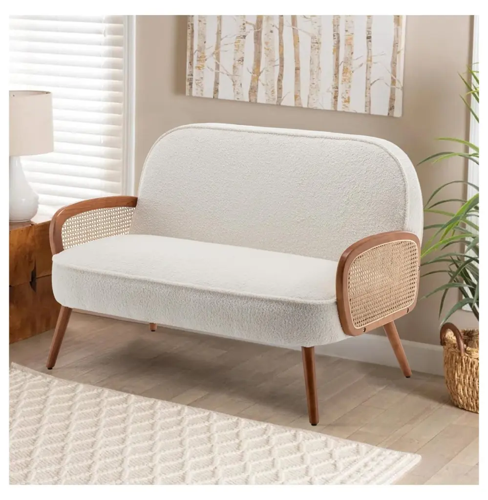 XylehR 45 W Small Loveseat Natural Rattan Arms Teddy White Upholstered Mini Sofa Small Spaces