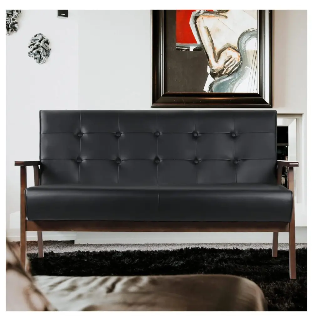 ZHAOTONG Modern Wooden Leather 2-Seat Sofa Sleek Minimalist Loveseat Home Office Black