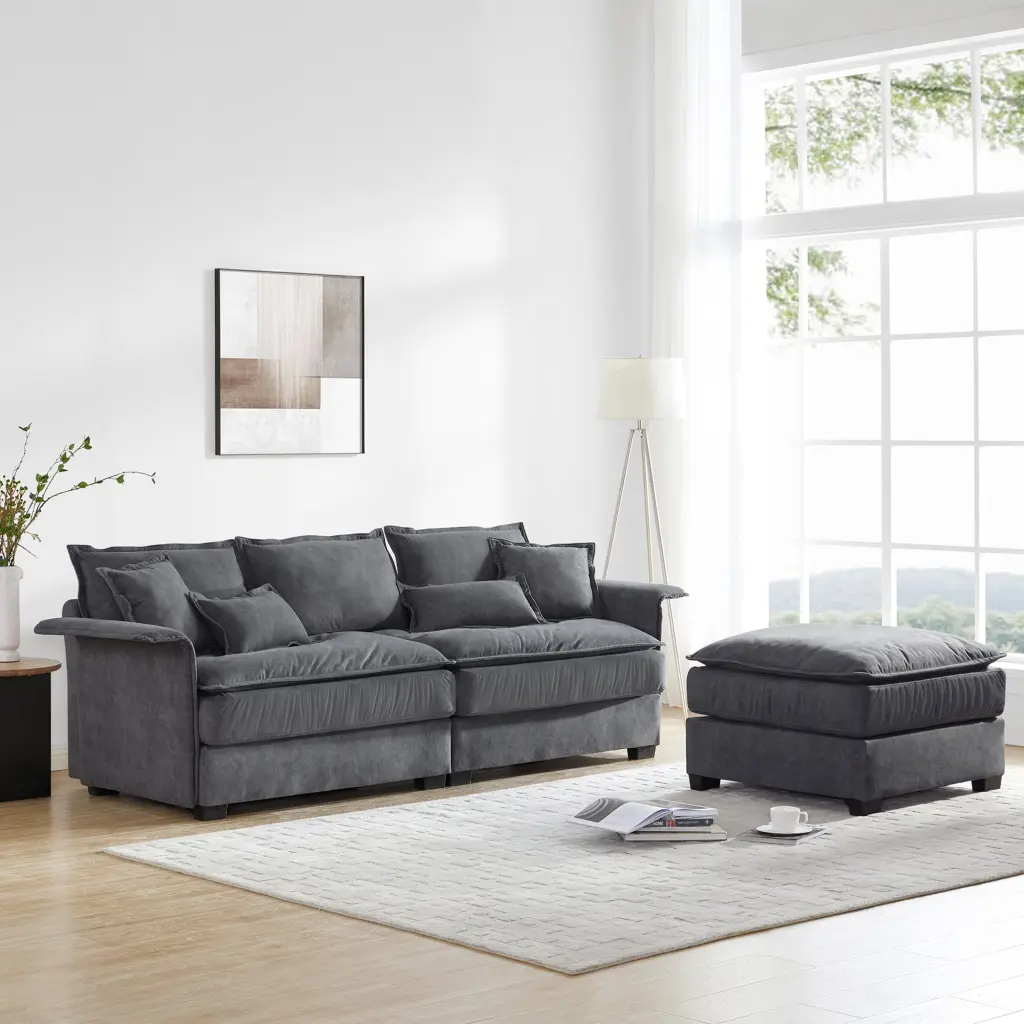 Oversized Luxury Sectional Sofa Bentwood Armrests and Ottoman 3 Colors Living Room Ghislaine