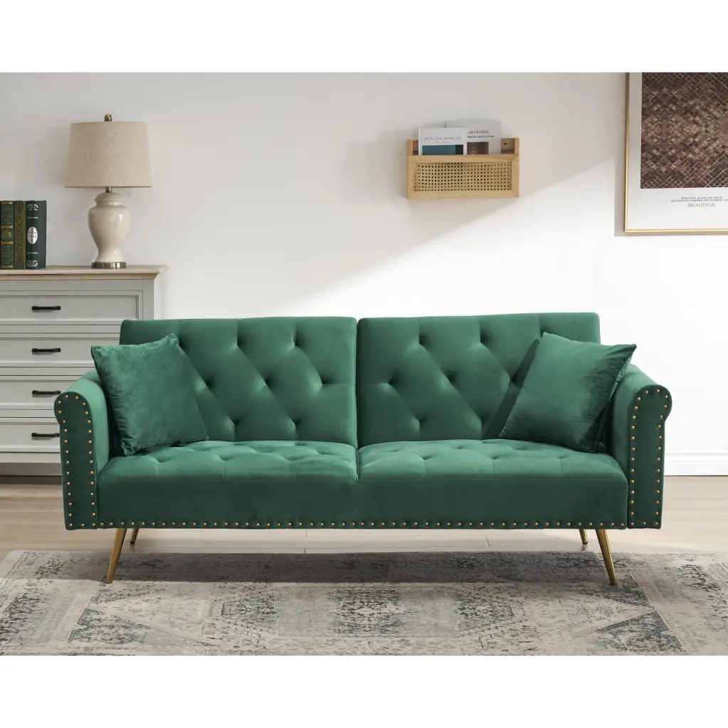 Luxury Green Velvet Nailhead Sofa Bed 69.7 Inch Throw Pillow HATNOKIL