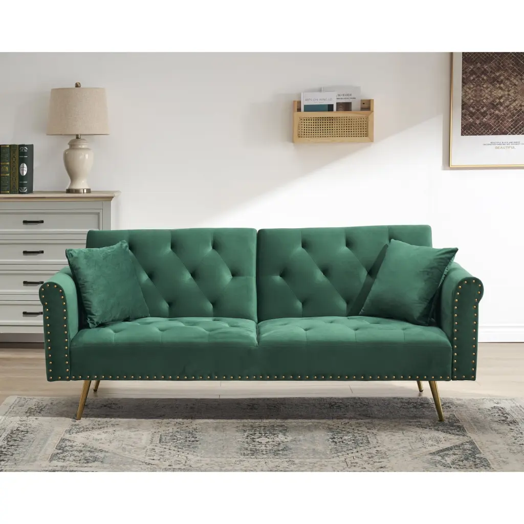 69.7 Inch Green Velvet Nailhead Sofa Bed Throw Pillow Ponnky